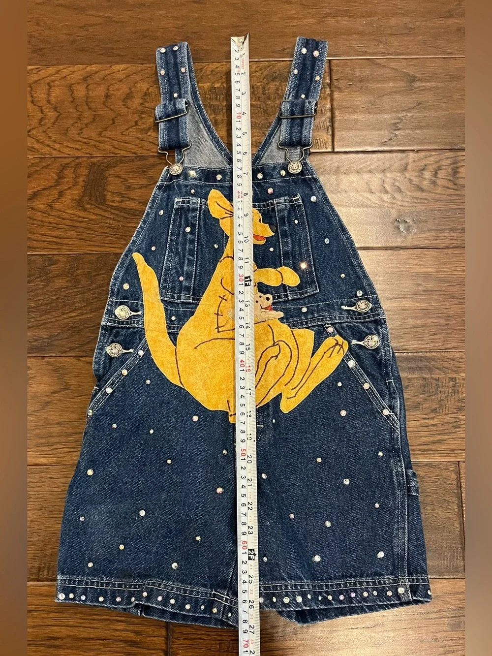 Oshkosh Girls Blue Jean Denim Overalls Kangaroo Graphic Rhinestones Size 7 CUTE